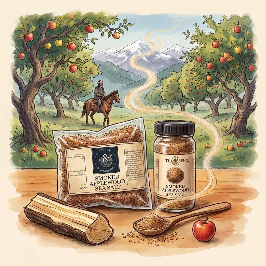 Illustration of Smoked Applewood Sea Salt in The Tea & Spice Shoppe bag and jar, with the wild apple forests of the Tian Shan above Almaty