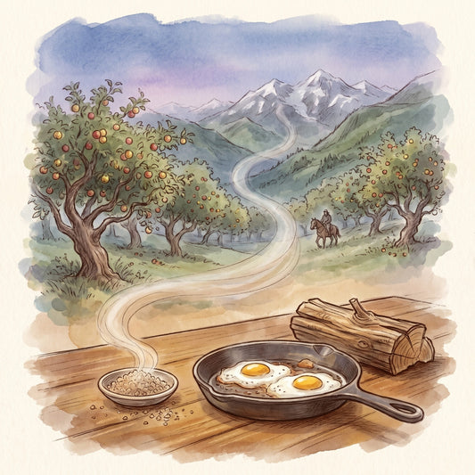 Illustration: Smoked Applewood Sea Salt with the wild apple forests of the Tian Shan above Almaty