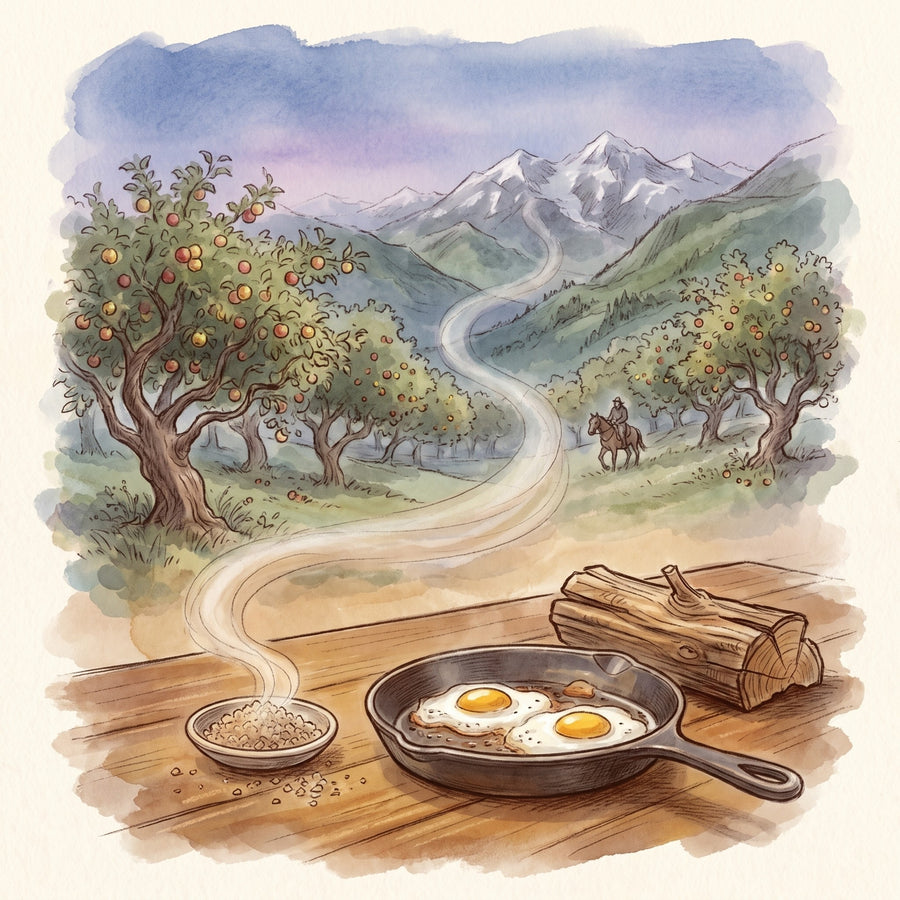 Illustration: Smoked Applewood Sea Salt with the wild apple forests of the Tian Shan above Almaty