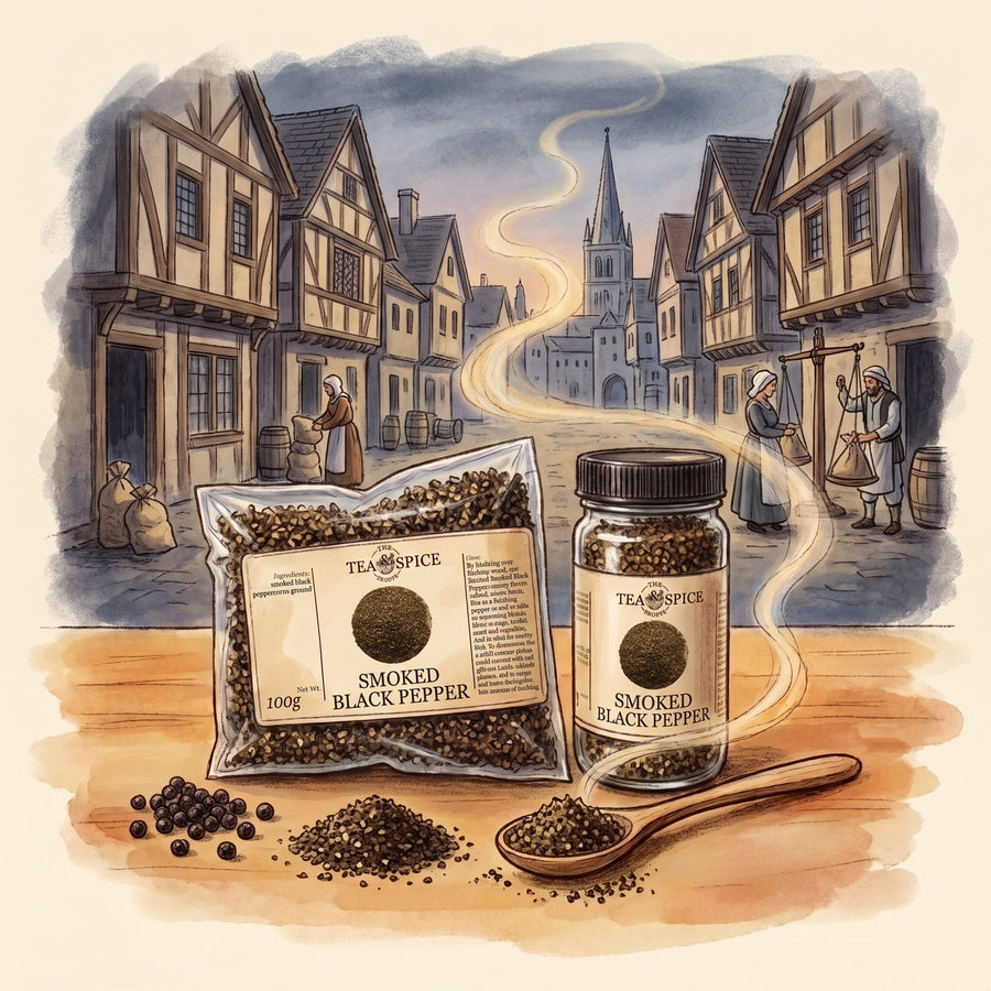 Illustration of Pepper, Black, Smoked, Ground in The Tea & Spice Shoppe bag and jar, with Medieval London
