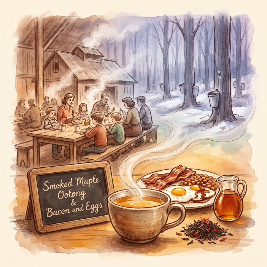 Illustration: a cup of Smoked Maple Oolong tea with bacon, eggs and maple syrup