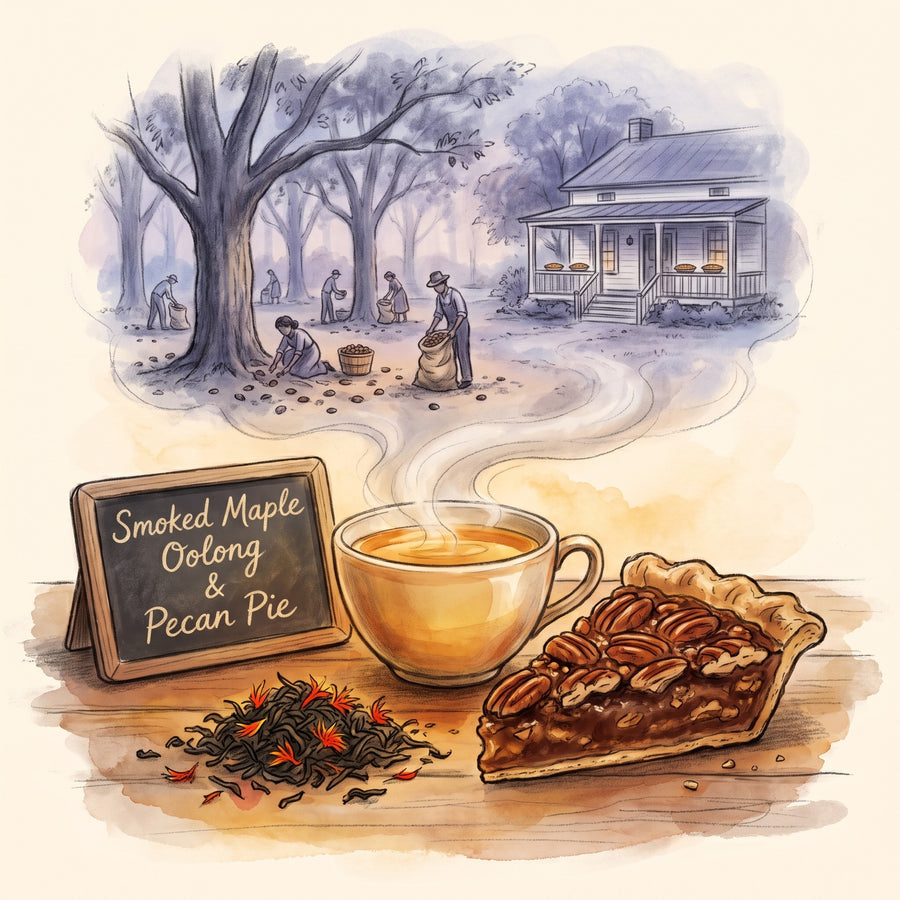 Illustration: a cup of Smoked Maple Oolong tea with pecan pie