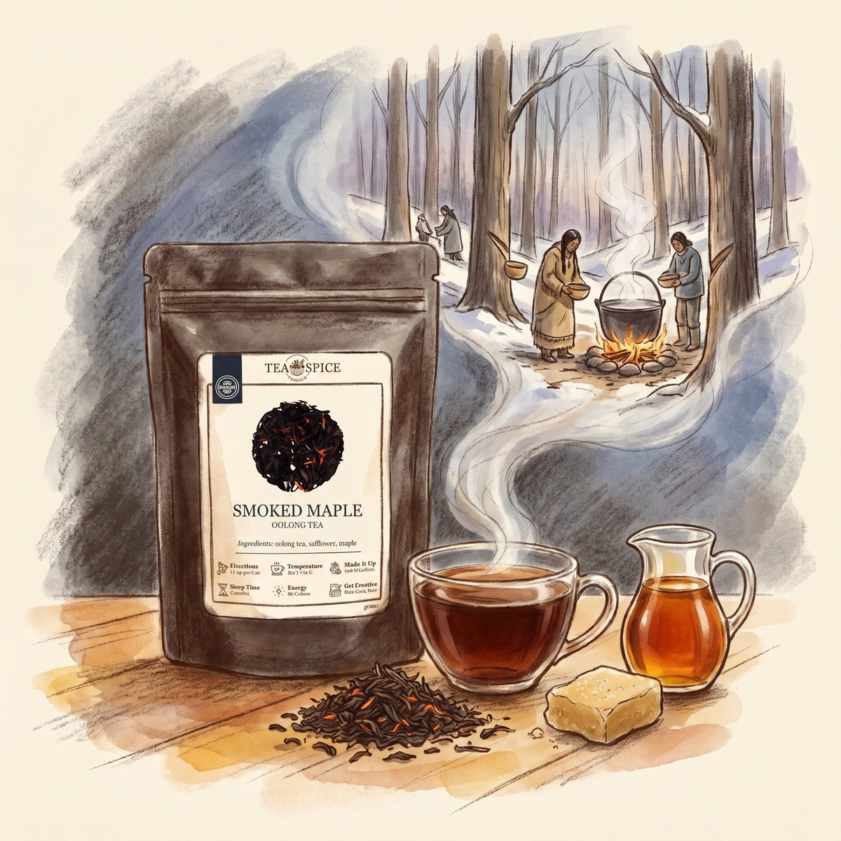 Illustration of Smoked Maple Oolong, Organic in The Tea & Spice Shoppe pouch, with a northeastern maple forest in early spring long ago