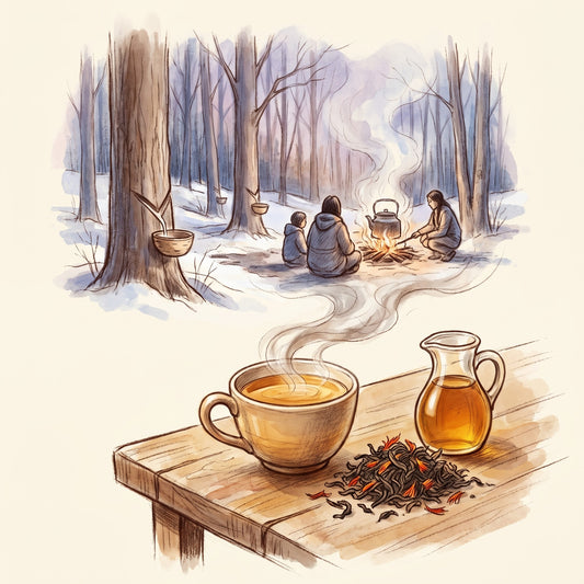 Illustration: Smoked Maple Oolong, Organic with a northeastern maple forest in early spring long ago