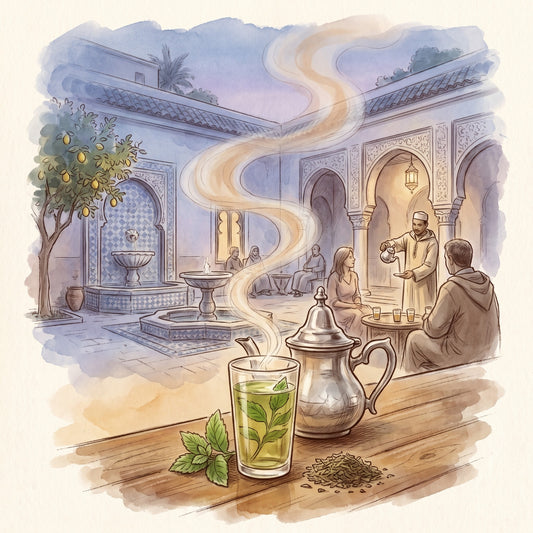 Illustration: Spearmint with a riad courtyard in Marrakech at dusk