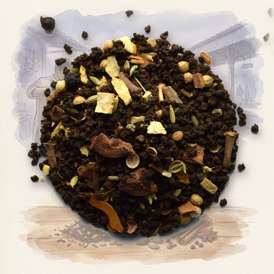 Spicy Chai loose leaf tea, shown over a chalk-and-watercolour illustration