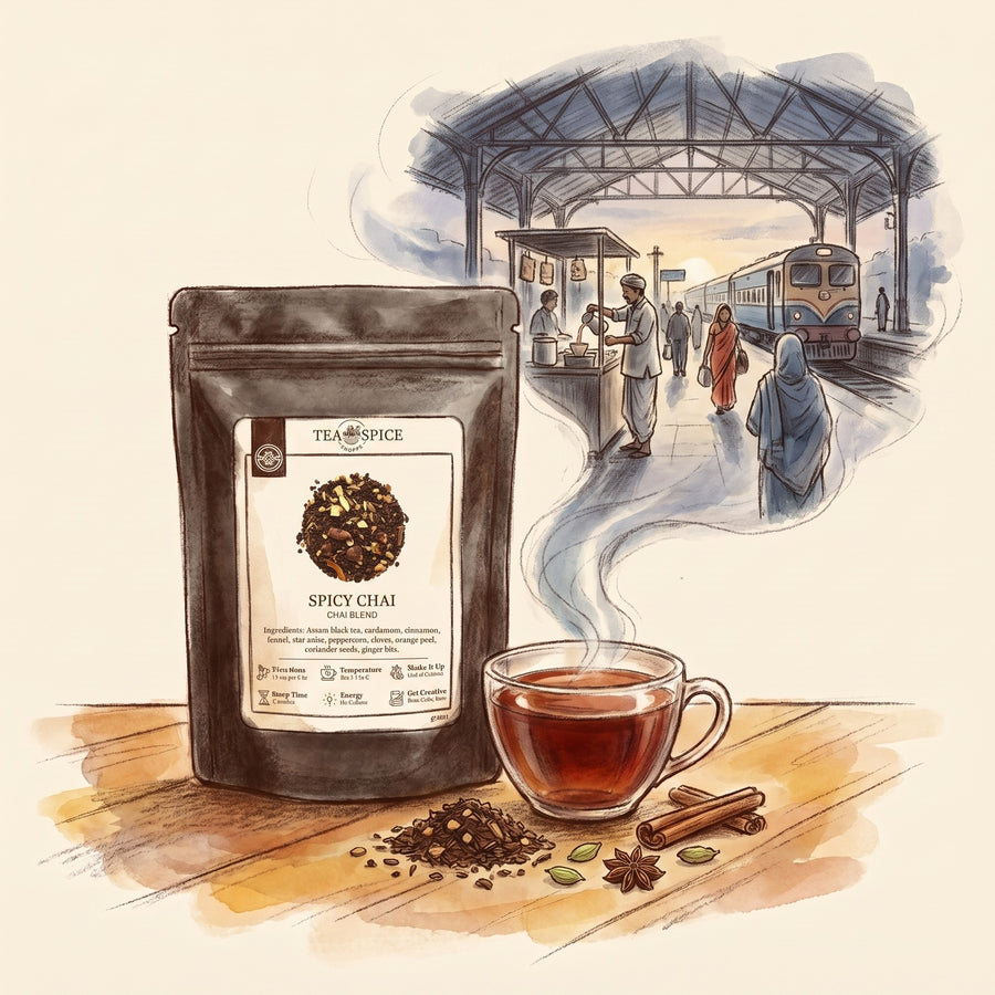Illustration of Spicy Chai in The Tea & Spice Shoppe pouch, with an Indian railway platform at dawn