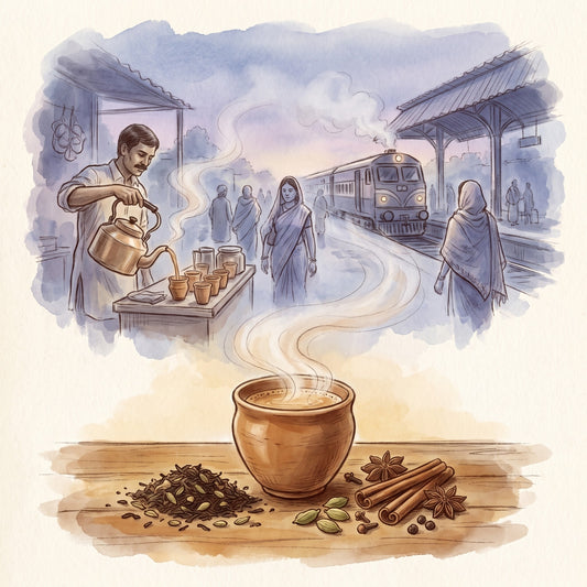 Illustration: Spicy Chai with an Indian railway platform at dawn