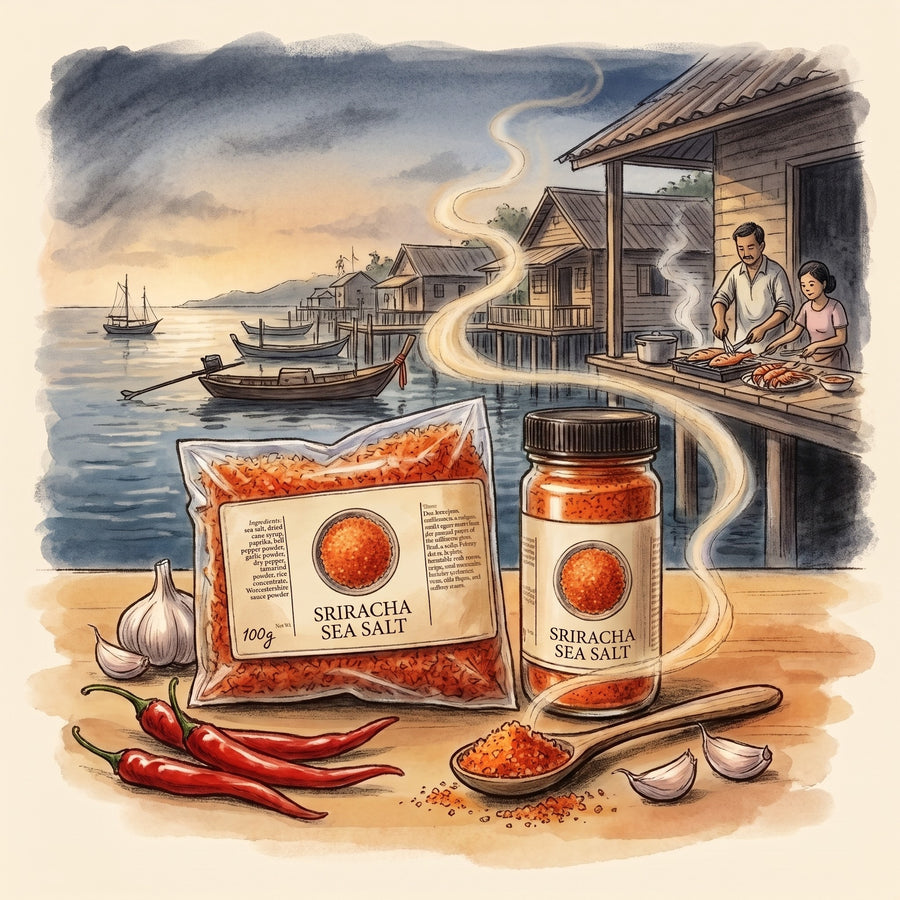 Illustration of Sriracha Sea Salt in The Tea & Spice Shoppe bag and jar, with the seaside town of Si Racha on the Gulf of Thailand in the 1930s