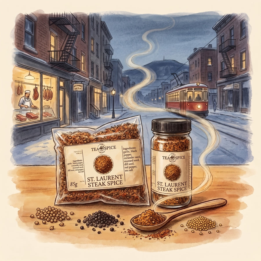 Illustration of St. Laurent Steak Spice Blend in The Tea & Spice Shoppe bag and jar, with Boulevard Saint-Laurent, Montreal's Main, on a winter evening in the 1950s
