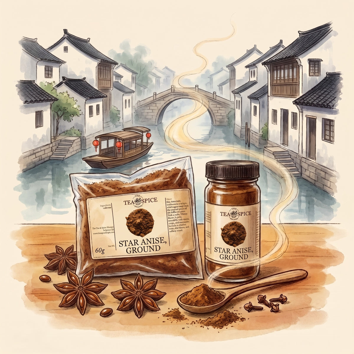 Illustration of Star Anise, Ground in The Tea & Spice Shoppe bag and jar, with a canal town in Jiangsu