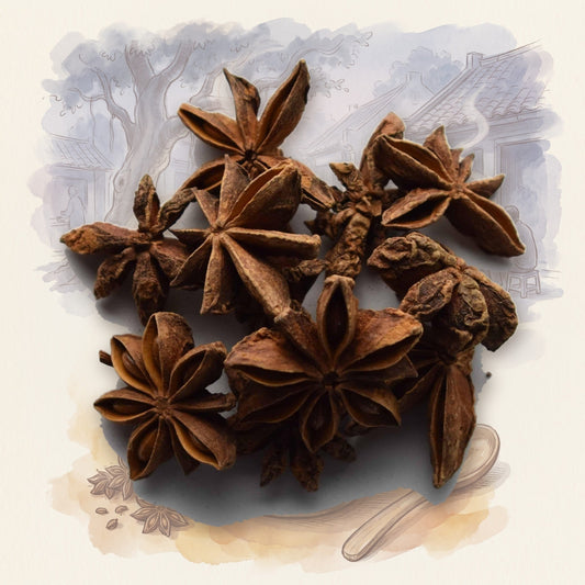 Star Anise, Whole spice, shown over a chalk-and-watercolour illustration
