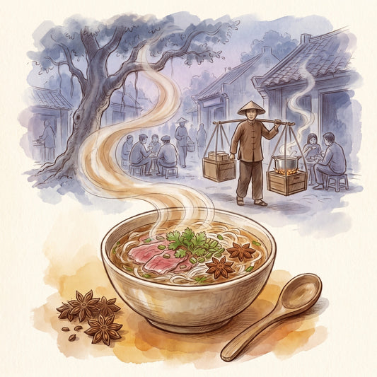 Illustration: Star Anise, Whole with a Hanoi street around 1908