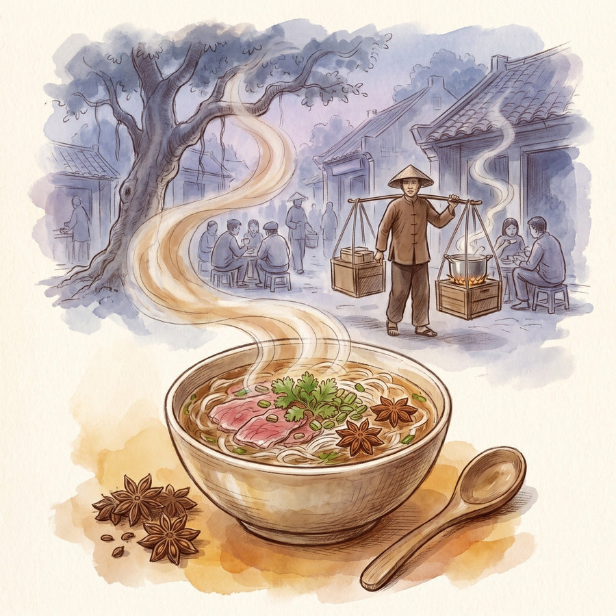Illustration: Star Anise, Whole with a Hanoi street around 1908