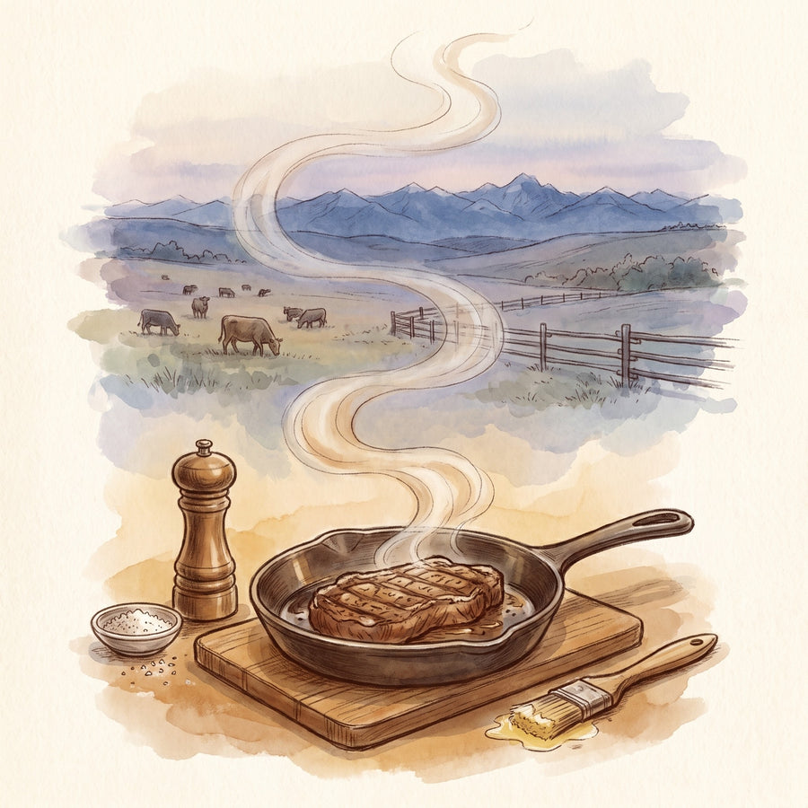 Illustration: Steak Spice Set: Mesquite, Steak Spice, Smoked Salts & Pepper, a seared steak resting by a pepper mill, an Alberta ranch at sundown beyond