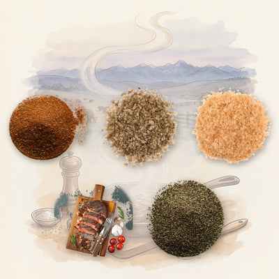 Steak Spice Set: Mesquite, Steak Spice, Smoked Salts & Pepper: Mesquite Blend, Smoked Applewood Sea Salt, Hickory Smoked Sea Salt, St. Laurent Steak Spice Blend and Pepper, Black, shown over a chalk-and-watercolour illustration