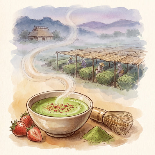 Illustration: Strawberry Matcha, Organic with the tea fields of Uji near Kyoto in the 16th century