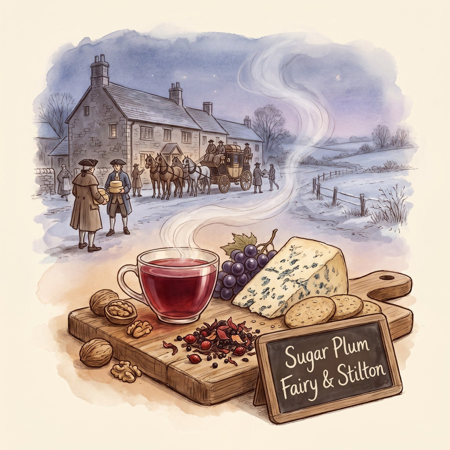 Illustration: a cup of Sugar Plum Fairy tea with Stilton cheese