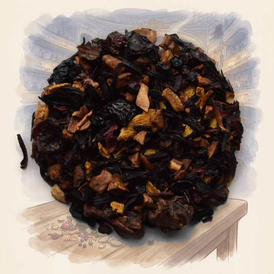 Sugar Plum Fairy loose leaf tea, shown over a chalk-and-watercolour illustration