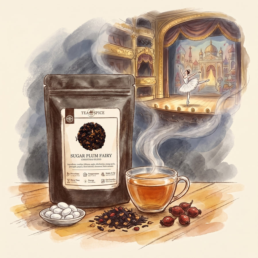 Illustration of Sugar Plum Fairy in The Tea & Spice Shoppe pouch, with the Mariinsky Theatre in St Petersburg in December 1892, seen from the back of a gilded box