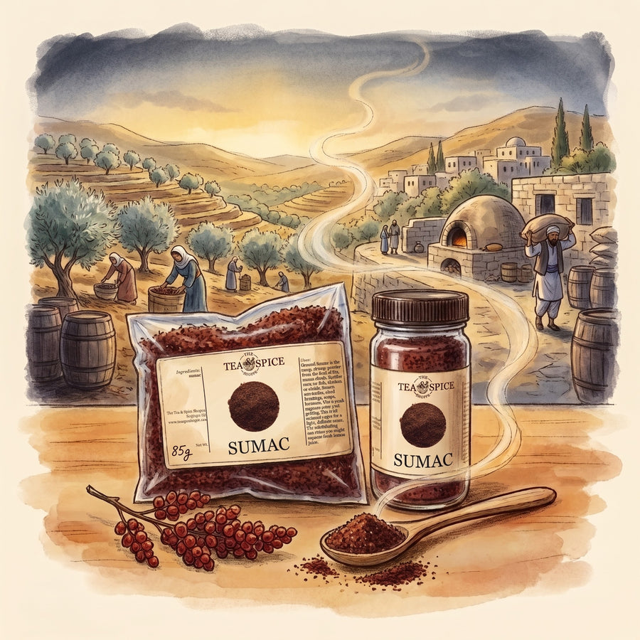 Illustration of Sumac in The Tea & Spice Shoppe bag and jar, with the hills near Jenin in the olive-harvest season