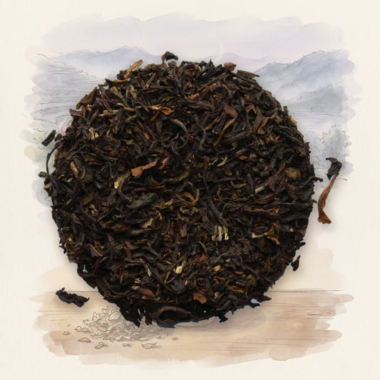 Sungma Estate, 1st Flush (Darjeeling) loose leaf tea, shown over a chalk-and-watercolour illustration