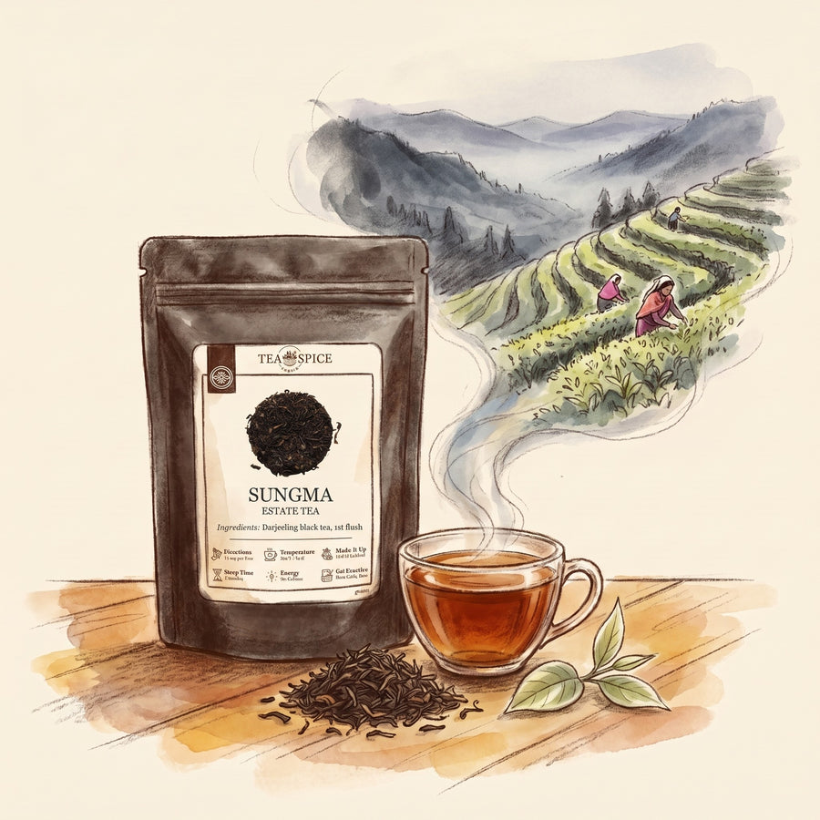 Illustration of Sungma Estate, 1st Flush (Darjeeling) in The Tea & Spice Shoppe pouch, with the Rungbong valley in the Darjeeling hills in spring