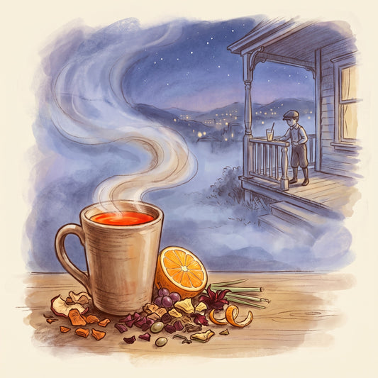 Illustration: Sunny C Delight with a San Francisco porch on a cold night in 1905, as the popsicle story tells it