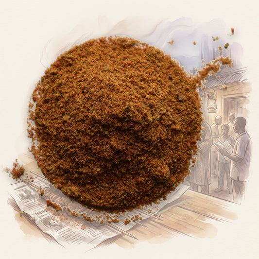 Suya spice, shown over a chalk-and-watercolour illustration