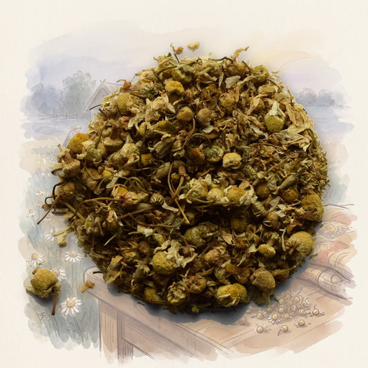 Chamomile, Organic loose leaf tea, shown over a chalk-and-watercolour illustration