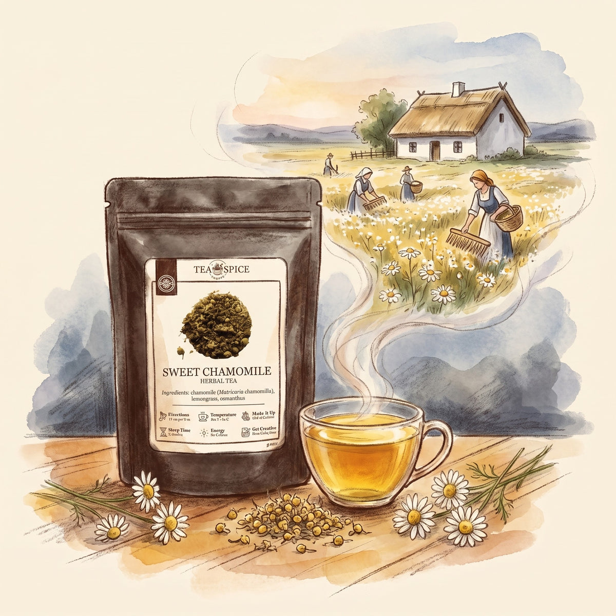 Illustration of Chamomile, Organic in The Tea & Spice Shoppe pouch, with the Hungarian plain in early summer
