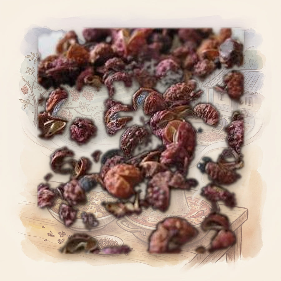 Peppercorns, Szechuan spice, shown over a chalk-and-watercolour illustration