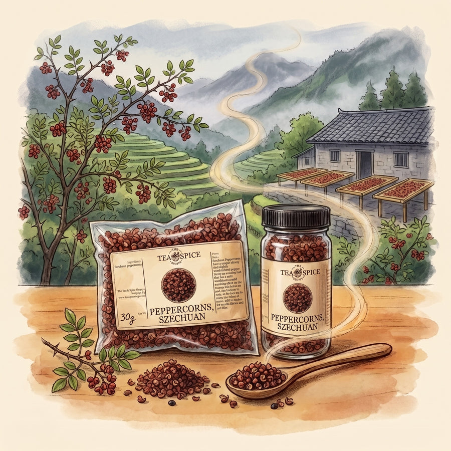 Illustration of Peppercorns, Szechuan in The Tea & Spice Shoppe bag and jar, with the hills of western Sichuan at harvest