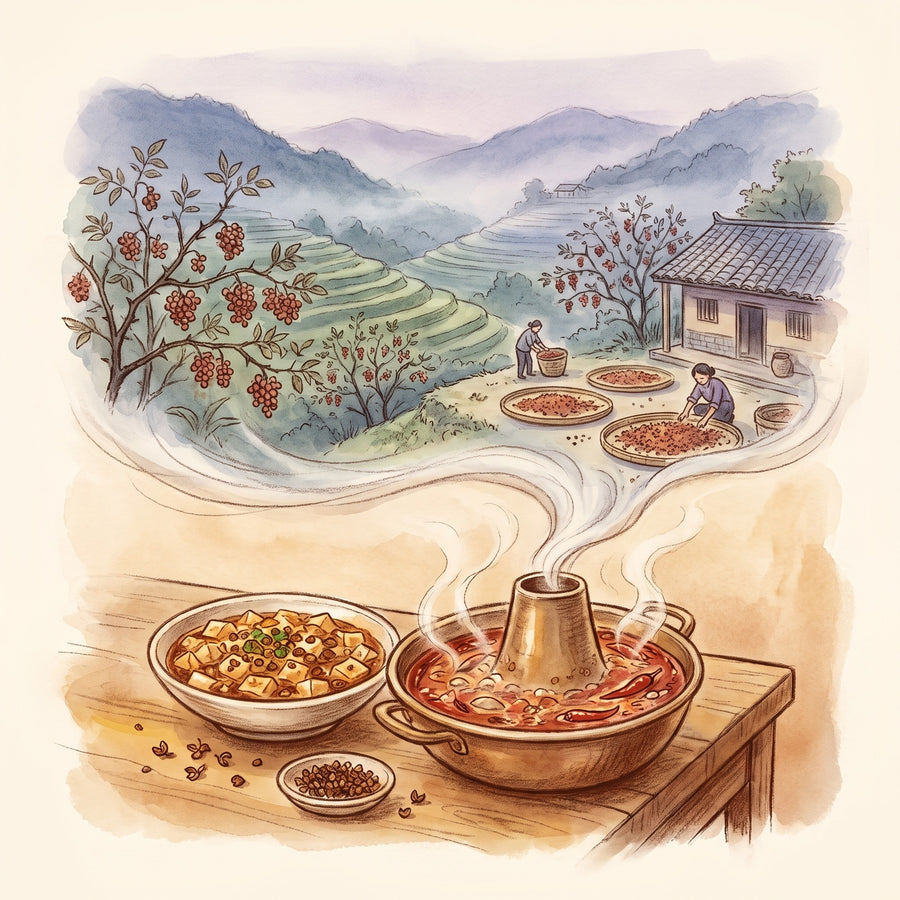 Illustration: Peppercorns, Szechuan with the hills of western Sichuan at harvest