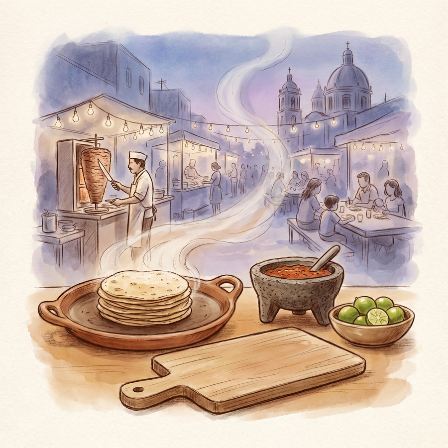 Illustration: Taco Night Spice Set: 5 Mexican Seasonings & Chiles, a comal of tortillas and a molcajete, a Mexico City street market beyond