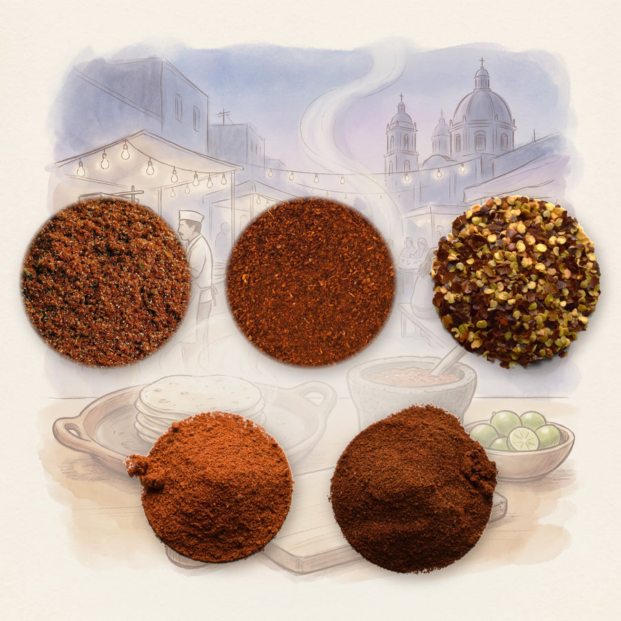 Taco Night Spice Set: 5 Mexican Seasonings & Chiles: Taco Seasoning, Ancho Chili Powder, Red Chile Flakes, Chile-Lime Seasoning and Chipotle Chili Powder, shown over a chalk-and-watercolour illustration