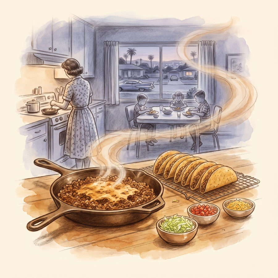Illustration: Taco Seasoning with a Los Angeles family kitchen on a Taco Night in 1967