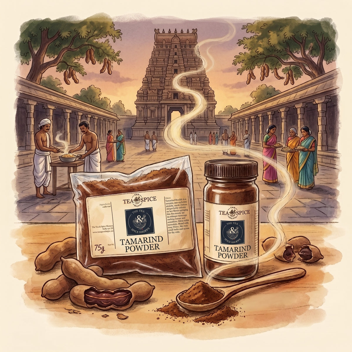 Illustration of Tamarind Powder in The Tea & Spice Shoppe bag and jar, with the Brihadisvara Temple in Thanjavur