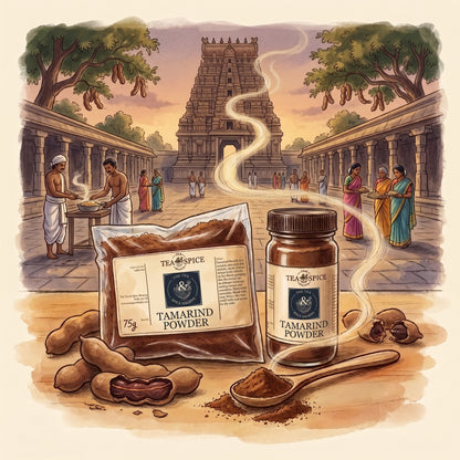 Illustration of Tamarind Powder in The Tea & Spice Shoppe bag and jar, with the Brihadisvara Temple in Thanjavur