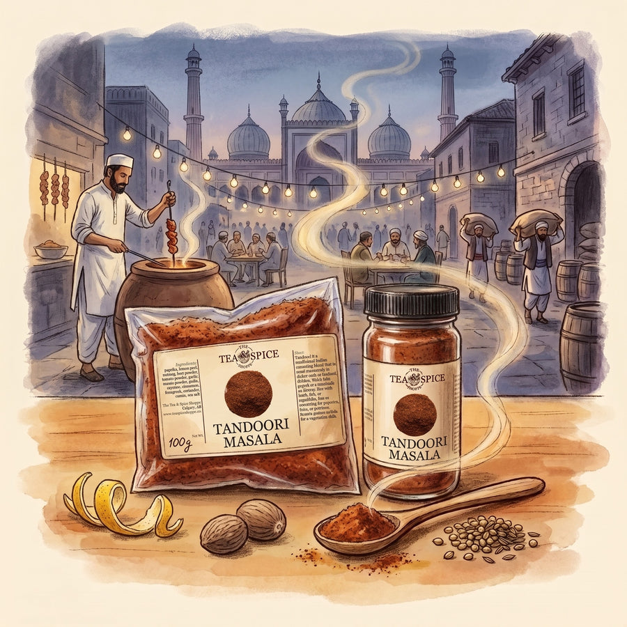 Illustration of Tandoori Masala in The Tea & Spice Shoppe bag and jar, with Daryaganj in Old Delhi in the years after 1947
