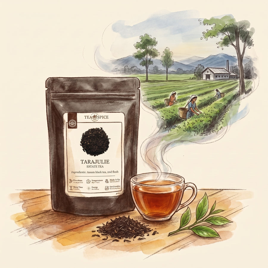 Illustration of Tarajulie Estate, 2nd Flush in The Tea & Spice Shoppe pouch, with Tea gardens in Sonitpur on Assam's Brahmaputra plain in early summer