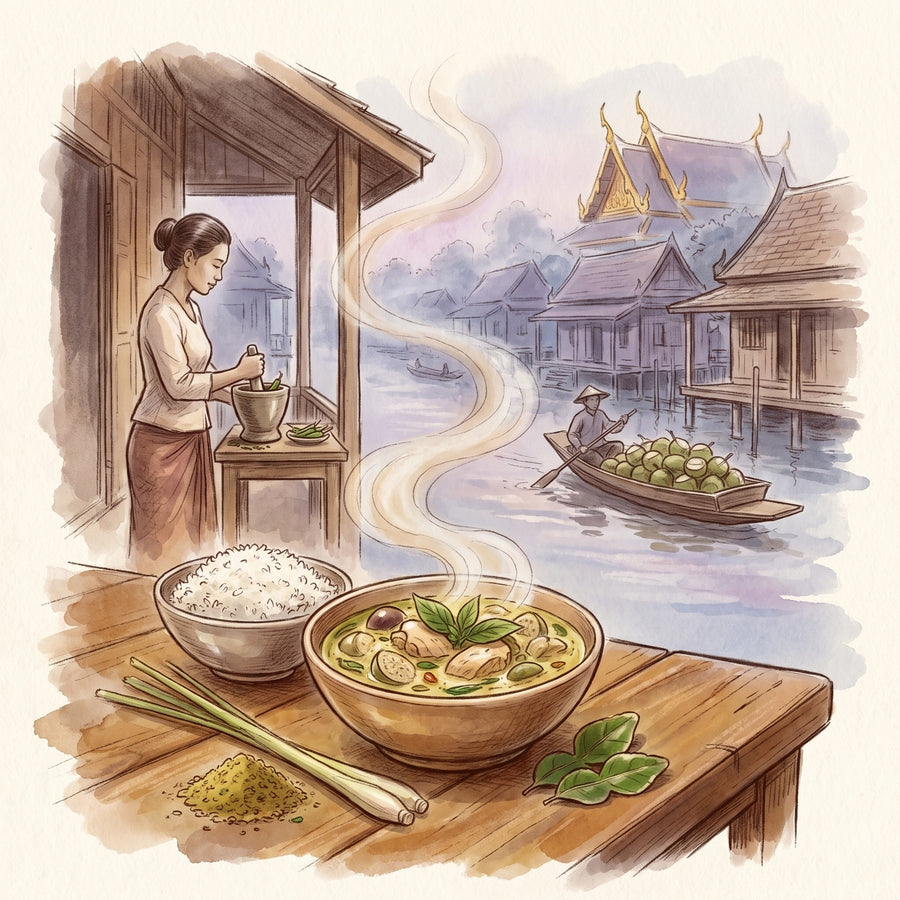 Illustration: Thai Green Curry Powder with a Bangkok canal in the early 1900s