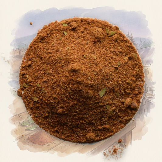 Thai Red Curry Powder spice, shown over a chalk-and-watercolour illustration