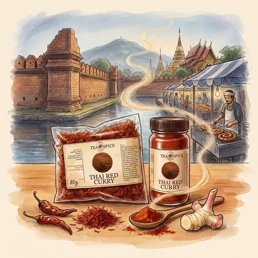 Illustration of Thai Red Curry Powder in The Tea & Spice Shoppe bag and jar, with Chiang Mai's old city
