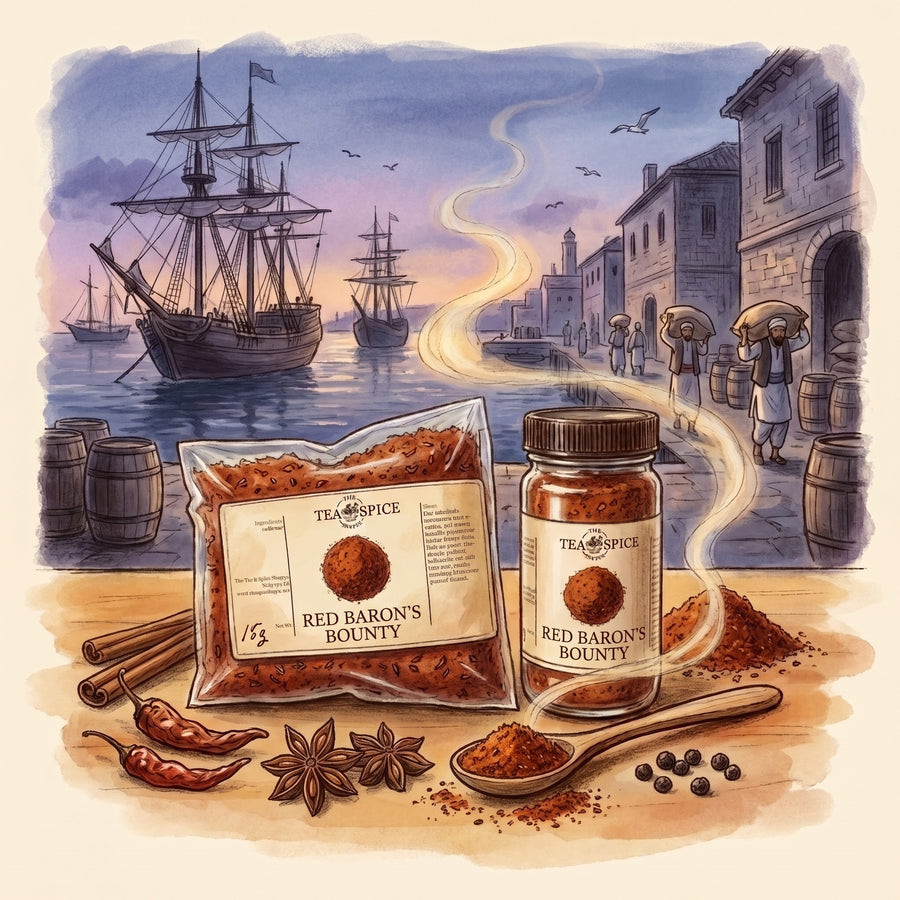 Illustration of The Red Baron's Bounty (World Spice Set) in The Tea & Spice Shoppe bag and jar, with an old spice harbour of the 1600s