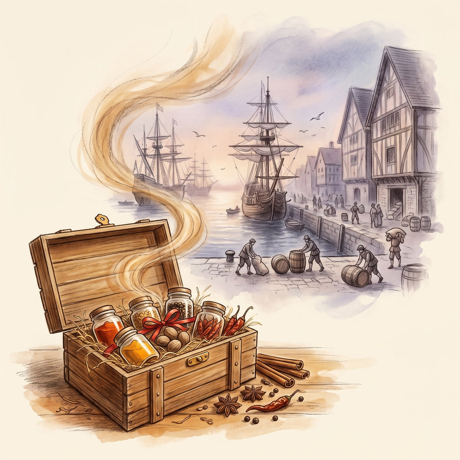 Illustration: The Red Baron's Bounty (World Spice Set) with an old spice harbour of the 1600s