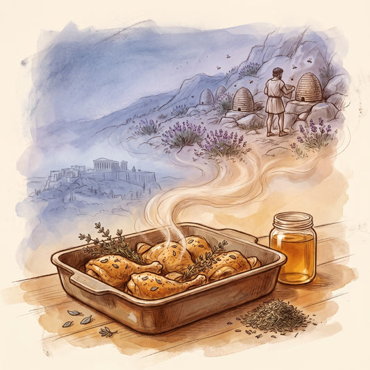 Illustration: Thyme with Mount Hymettus above ancient Athens