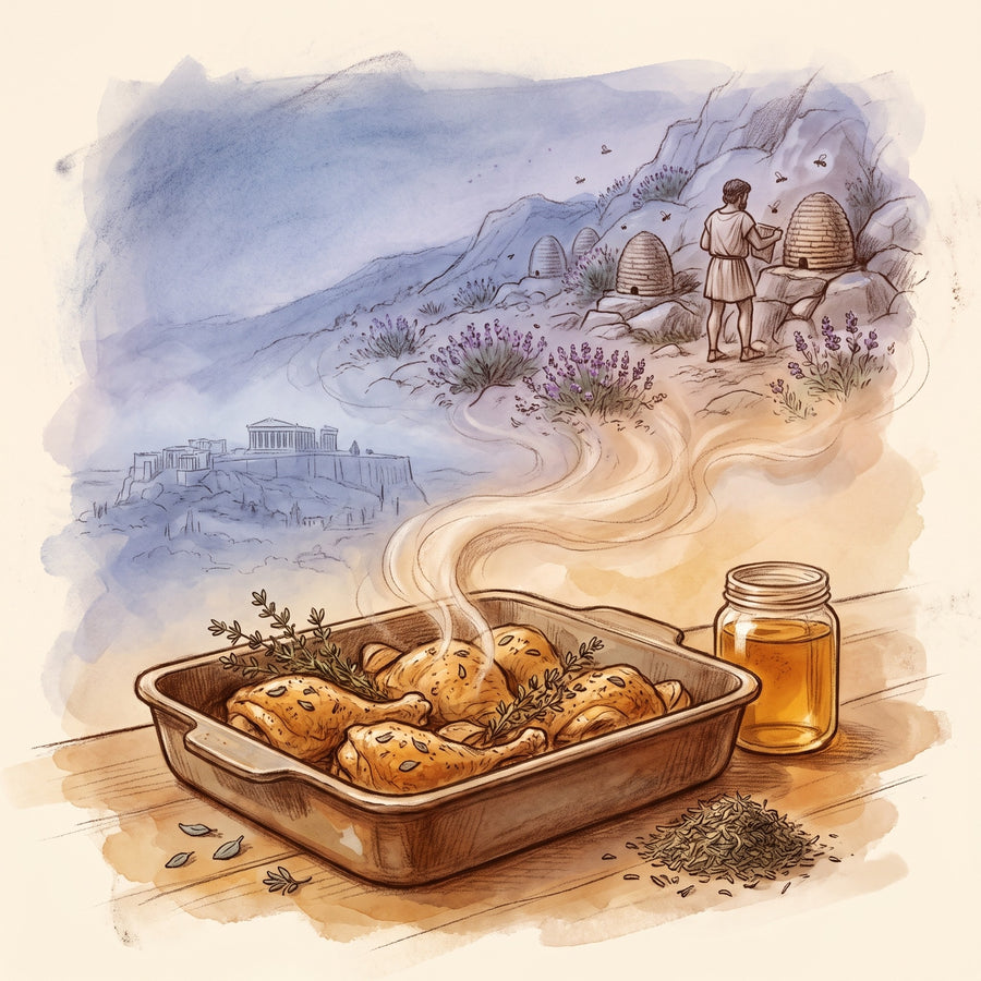 Illustration: Thyme with Mount Hymettus above ancient Athens