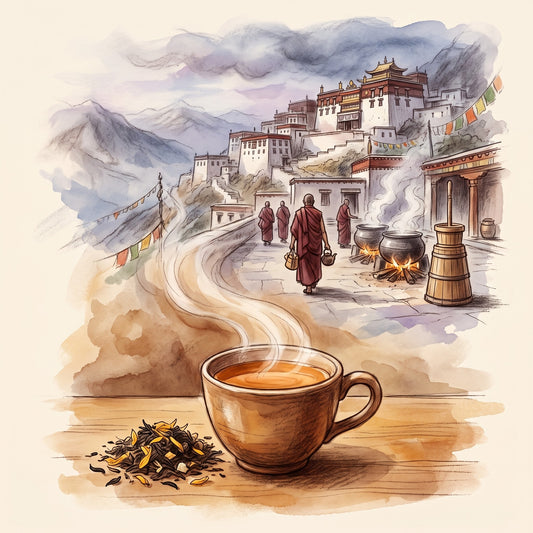 Illustration: Tibetan Monk's Blend with Ganden Monastery high above the Lhasa valley at dusk