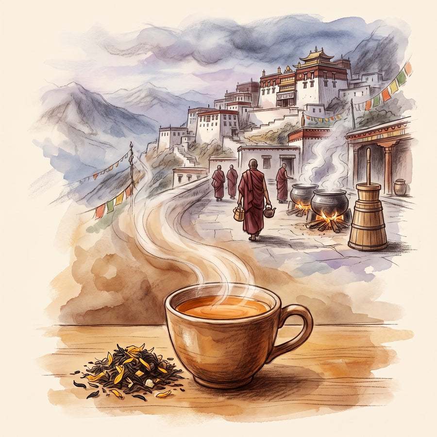 Illustration: Tibetan Monk's Blend with Ganden Monastery high above the Lhasa valley at dusk